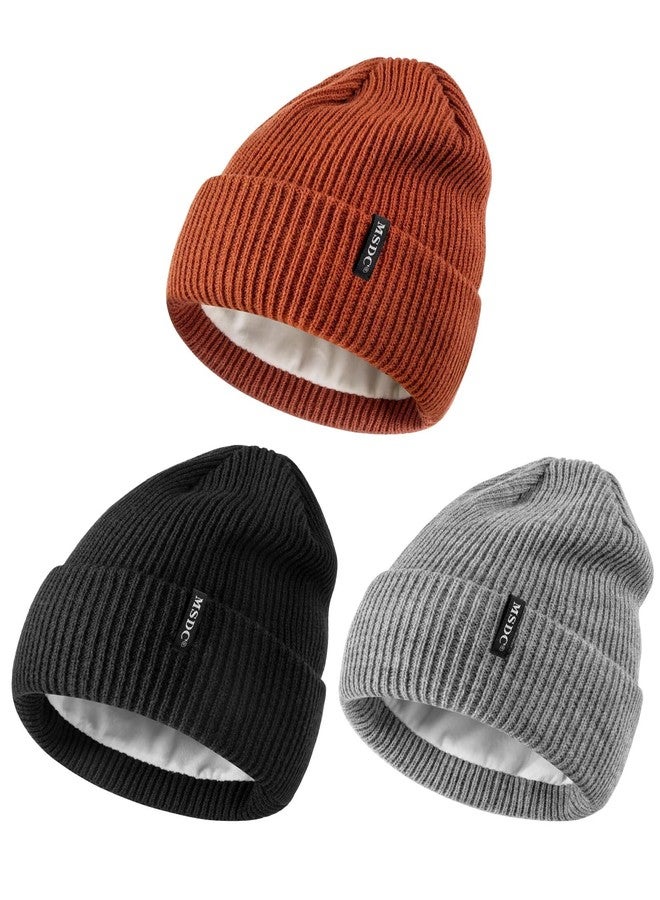MSDC Beanies Women 3 Pack, Winter Hats for Women Men Fleece Lined Knit Warm Thermal for Cold Weather, Beanie for Women Fashionable Skull Cap(Black+Gray+Dark Orange) - Image 1